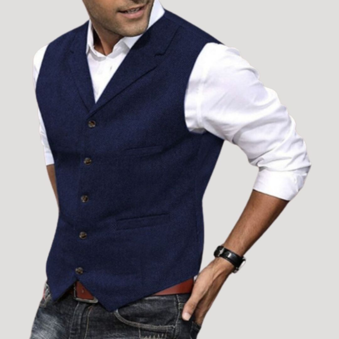 Roger | Men’s V-Neck Button-Down Vest with Vintage Buttons · Oliver Bradley