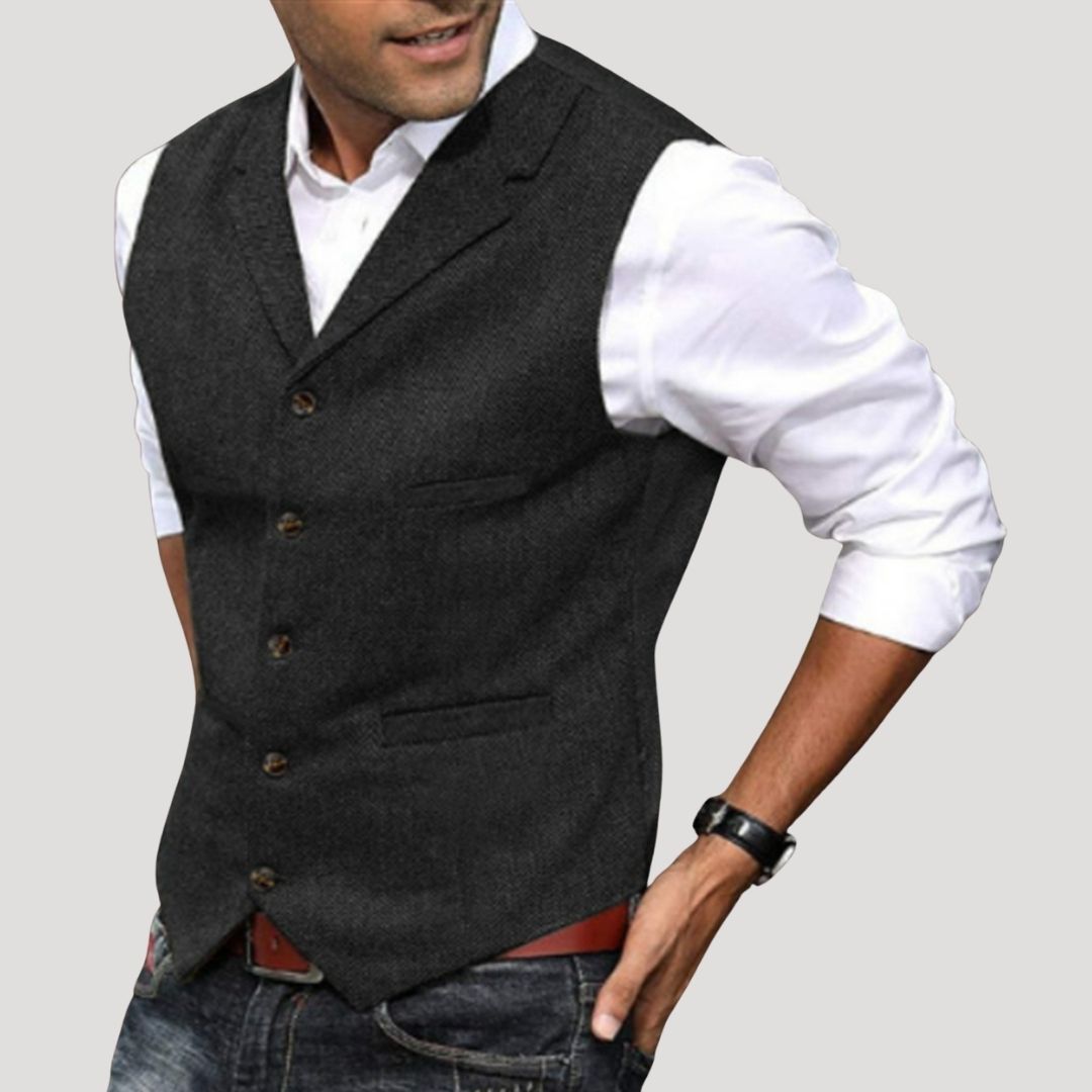 Roger | Men’s V-Neck Button-Down Vest with Vintage Buttons · Oliver Bradley