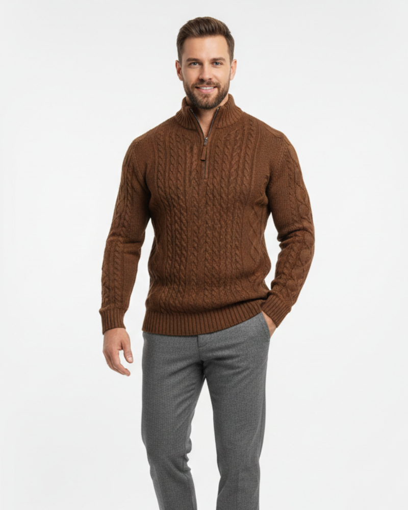 Vhong Pull Homme à Demi-Zip – Maille Câblée Chaude, Col Haut & Style Intemporel · Oliver Bradley